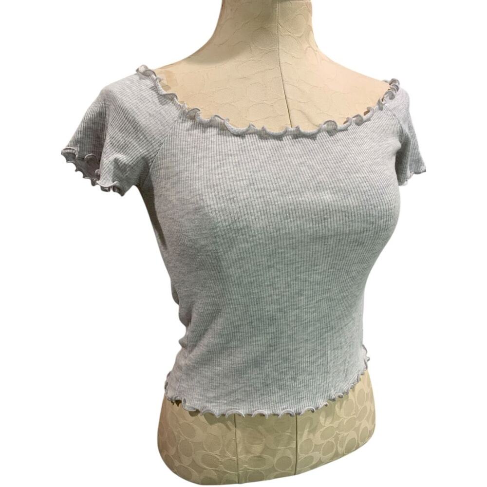 One Size Brandy Melville Womens Gray Ribbed Tshirt Off Shoulder Frill Trim
